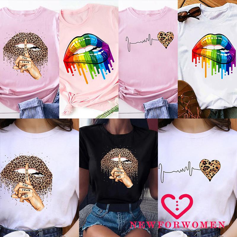 Áo Thun Tay Ngắn Cổ Tròn In Hình Đôi Môi Và Trái Tim Thời Trang Cho Nữ