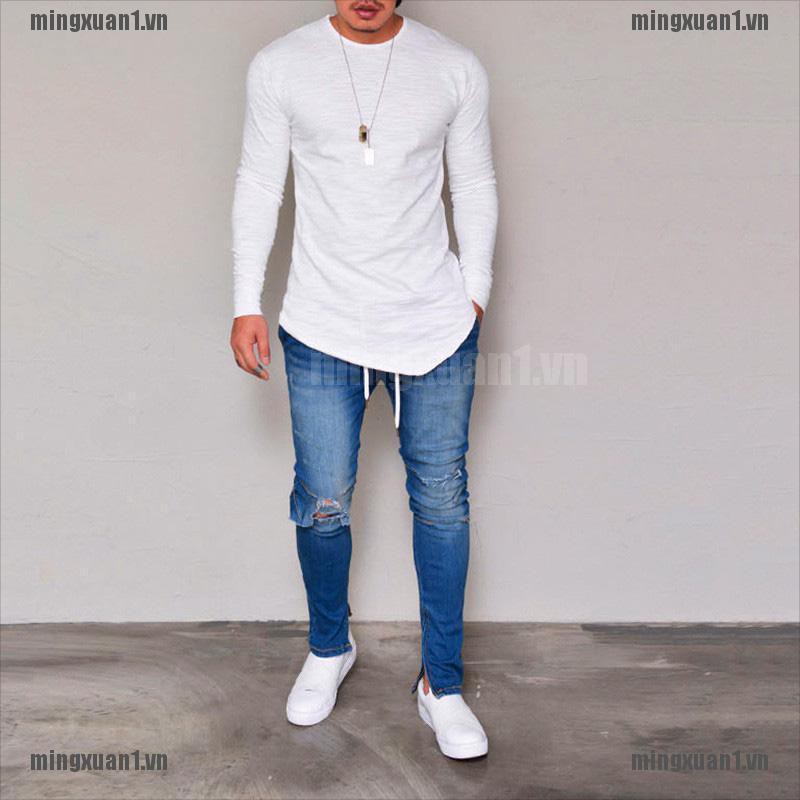 MINON Mens Gym T Shirt Longline Slim Fit Muscle Long Sleeve Curved Hem Tee Tops Casual VN