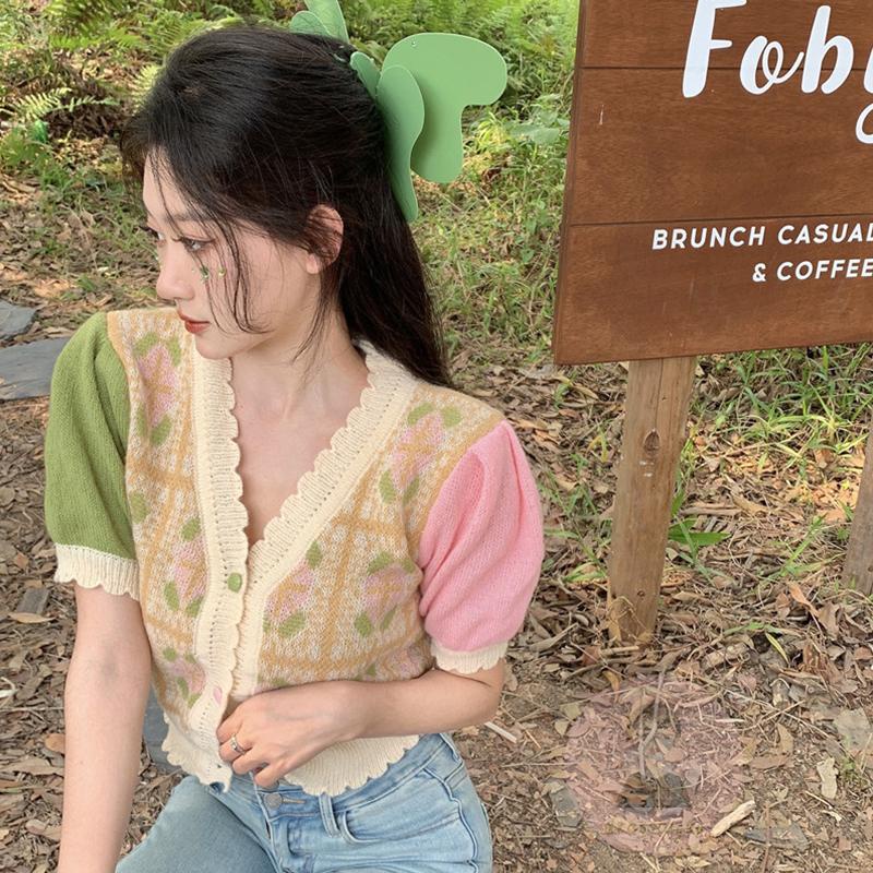 Áo Cardigan Ngắn Tay Cổ Chữ V Màu Sắc Tương Phản Phong Cách Vintage Dành Cho Nữ