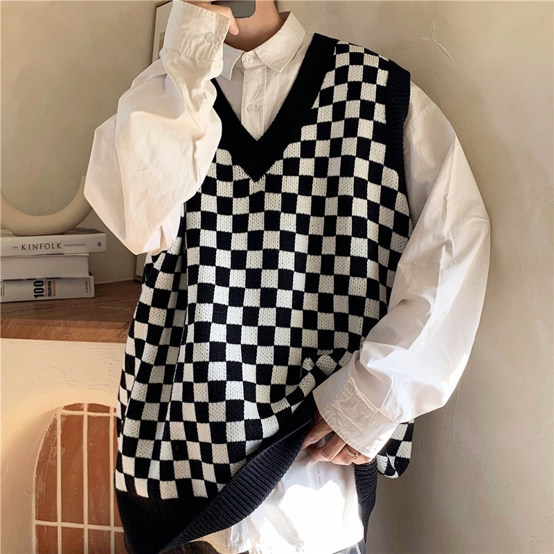 Áo Len Không Tay Cổ Chữ V Họa Tiết Sọc Caro Phong Cách Retro Thời Trang Hàn Quốc Cho Nam Và Nữ