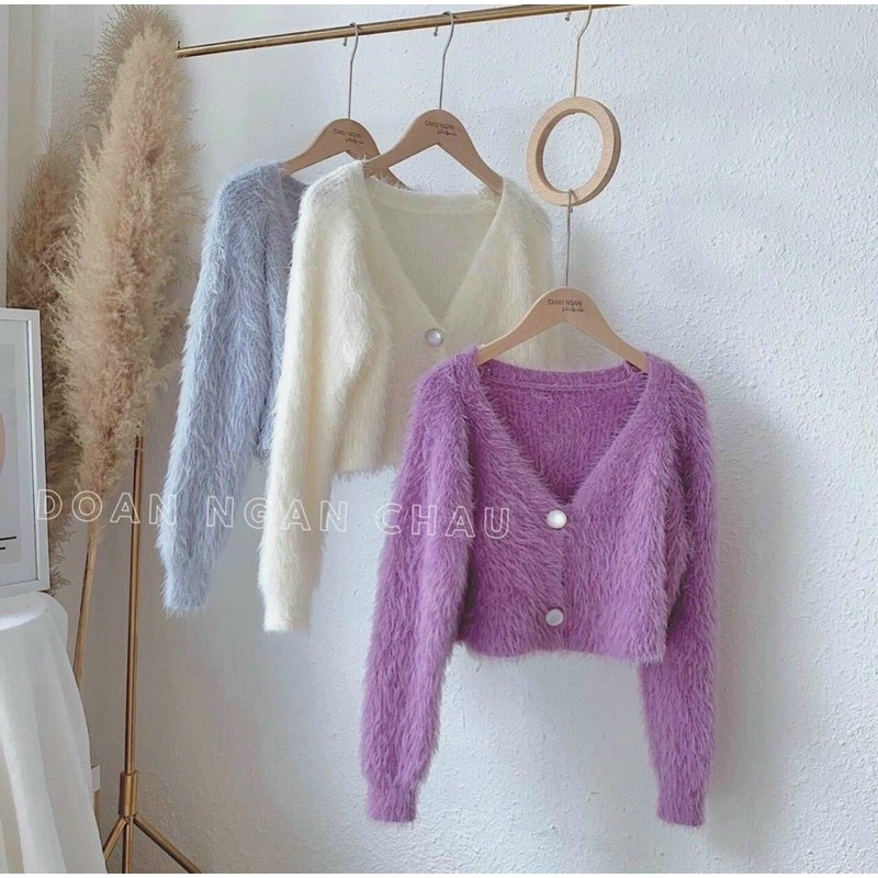 Áo lông crop tay dài (nút vàng+ nút ngọc) , Lông Mềm Mịn ,Thời Trang sang chảnh ,