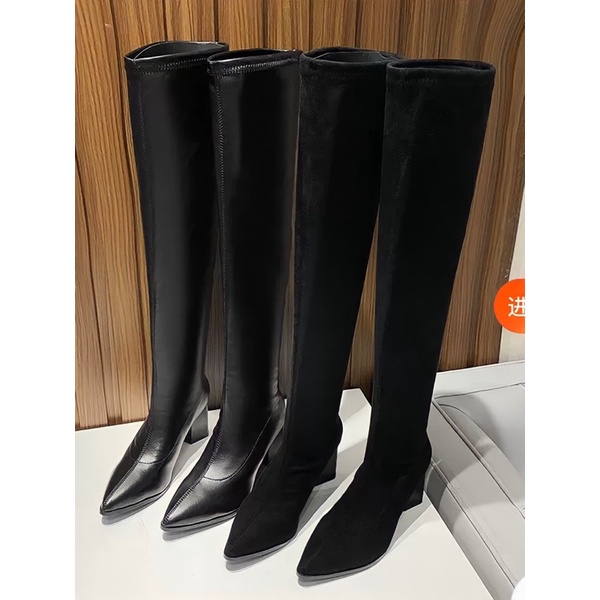 Bốt đùi da nữ lót lông YIMI gót vuông 7 phân không có khóa kéo