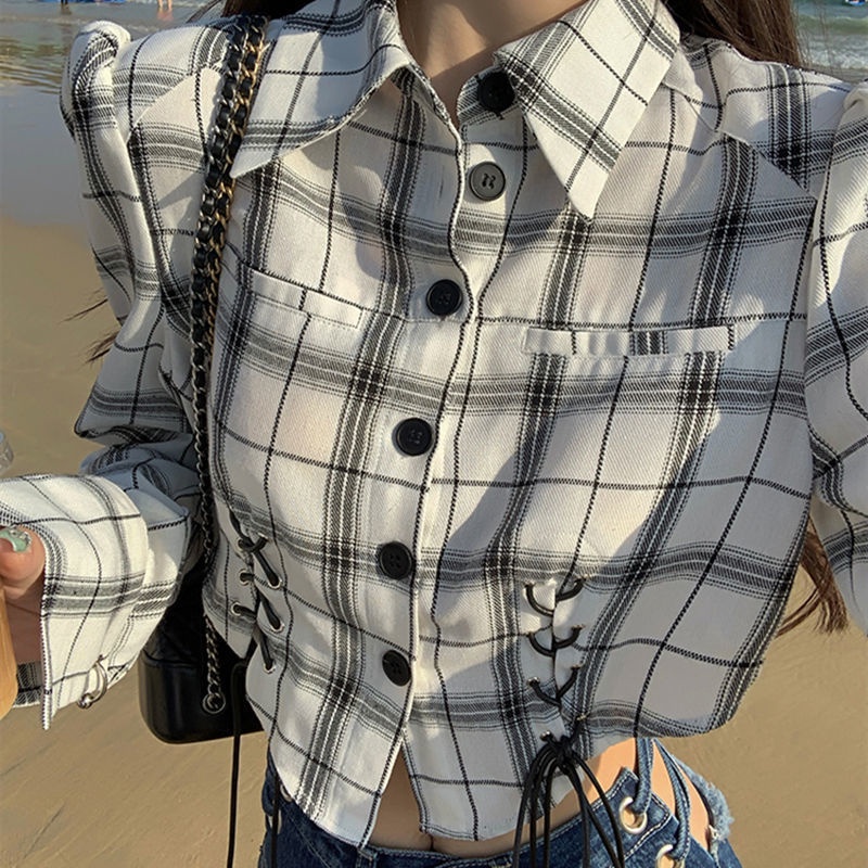 Áo Sơ Mi Tay Dài Dáng Rộng Họa Tiết Sọc Caro Trắng Đen Thời Trang Cá Tính Cho Nữ