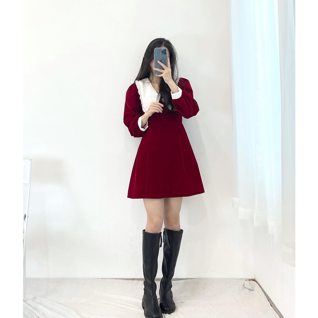 Đầm nhung cổ bèo ống tay trắng Miho house