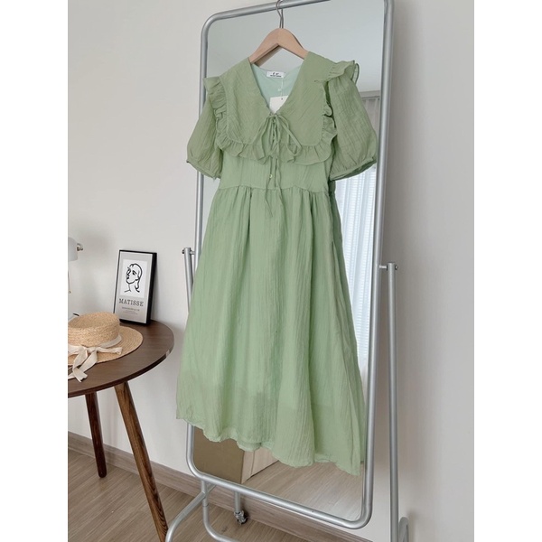 Đầm đũi tơ cổ bèo vuông hot hit đính nút ngọc - Váy maxi dáng dài màu pastel hàng Quảng Châu