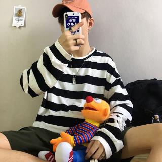 Áo Sweater Tay Dài Dáng Rộng Kẻ Sọc Đen Trắng Phong Cách Hip Hop Cho Nam