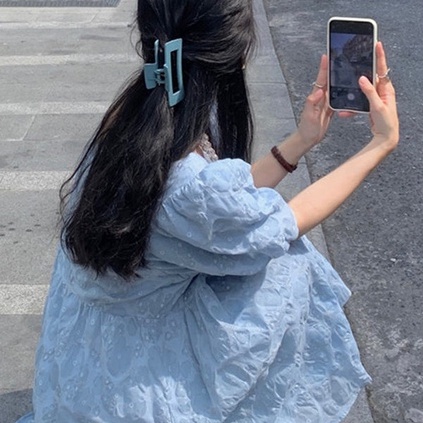 [MURIOKI] Đầm Chiffon Chữ A Cổ Vuông Tay Phồng In Họa Tiết Phong Cách Hàn Quốc Thời Trang Quyến Rũ Cho Nữ