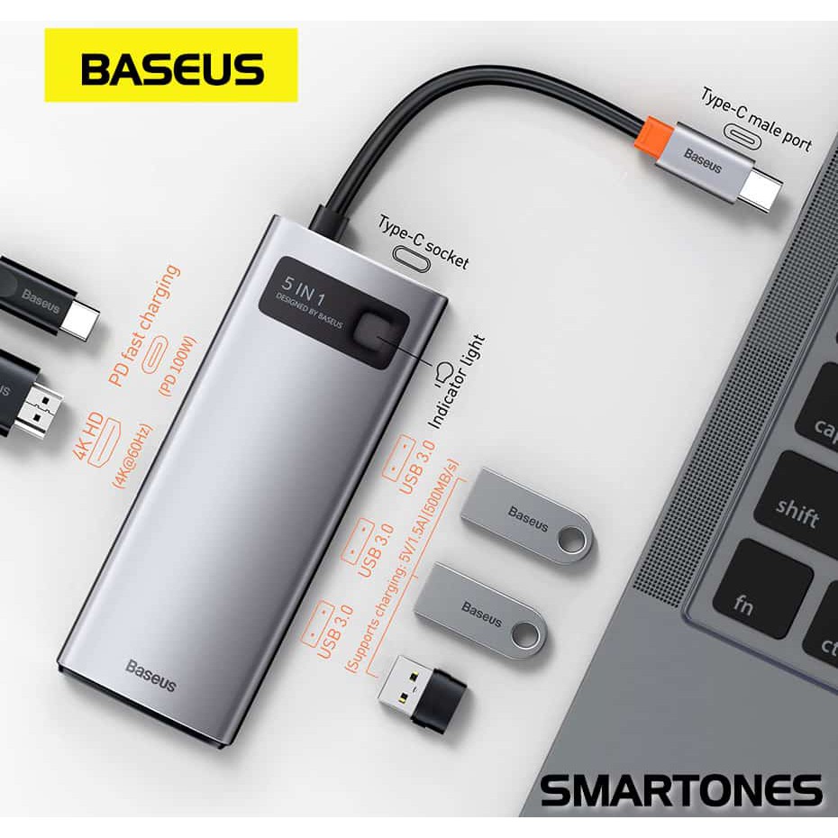 Hub Type C 5in1 - Cổng chuyển đổi HUB USB Type-C to USB 3.0, HDMI 4K 60Hz, PD 100W - BASEUS METAL GLEAM 5in1