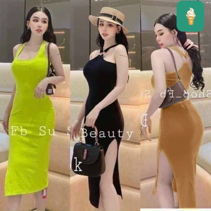 đầm nữ, đầm kiểu, đầm đẹp mặc 2 kiểu yếm hoặc ba lỗ xẻ tà khoen cực sexy chất gân