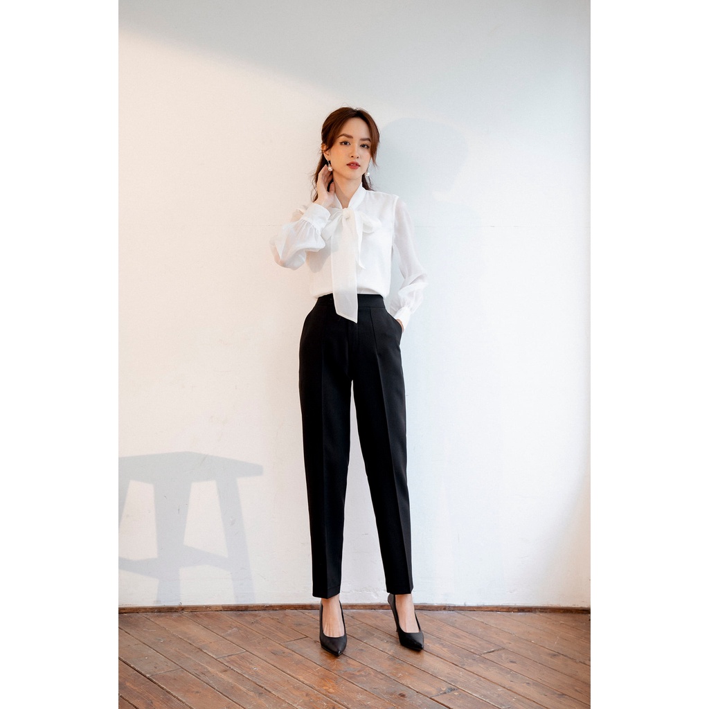 Áo sơmi tơ cổ thắt nơ tay măng sec TIINSTORE AHD408