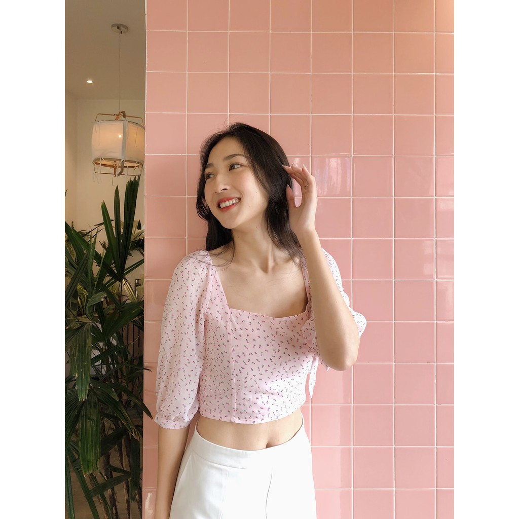 Áo croptop voan hoa HEYBEE phối cổ vuông cùng tay lửng trong 2 màu cực yêu May Top HT418