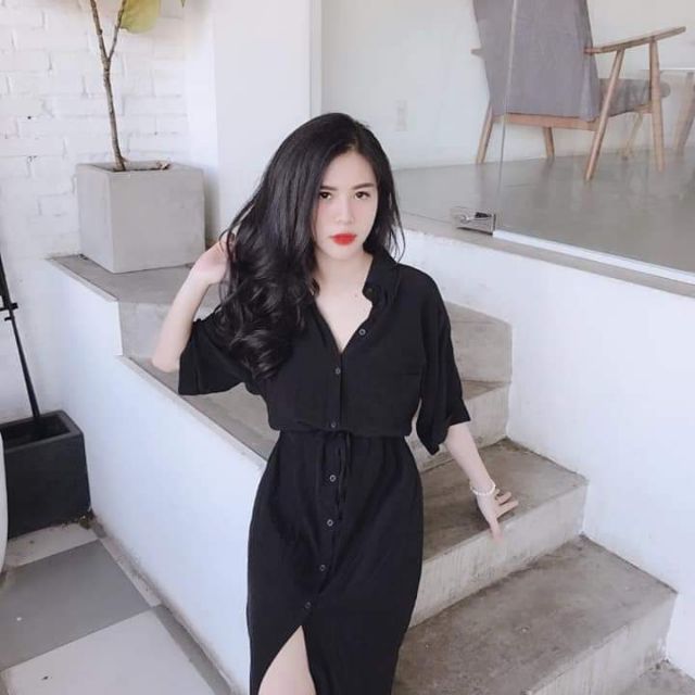 Đầm sơ mi thắt eo
