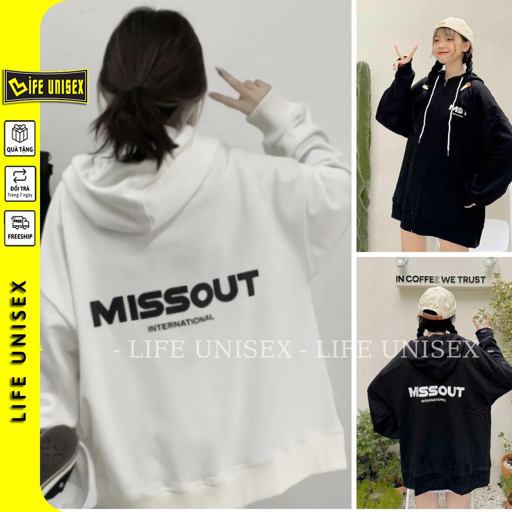 Áo khoác nỉ Hoodie MISSOUT Dây Kéo form rộng áo nỉ bông ulzzang Cá Tính Unisex - Life Unisex