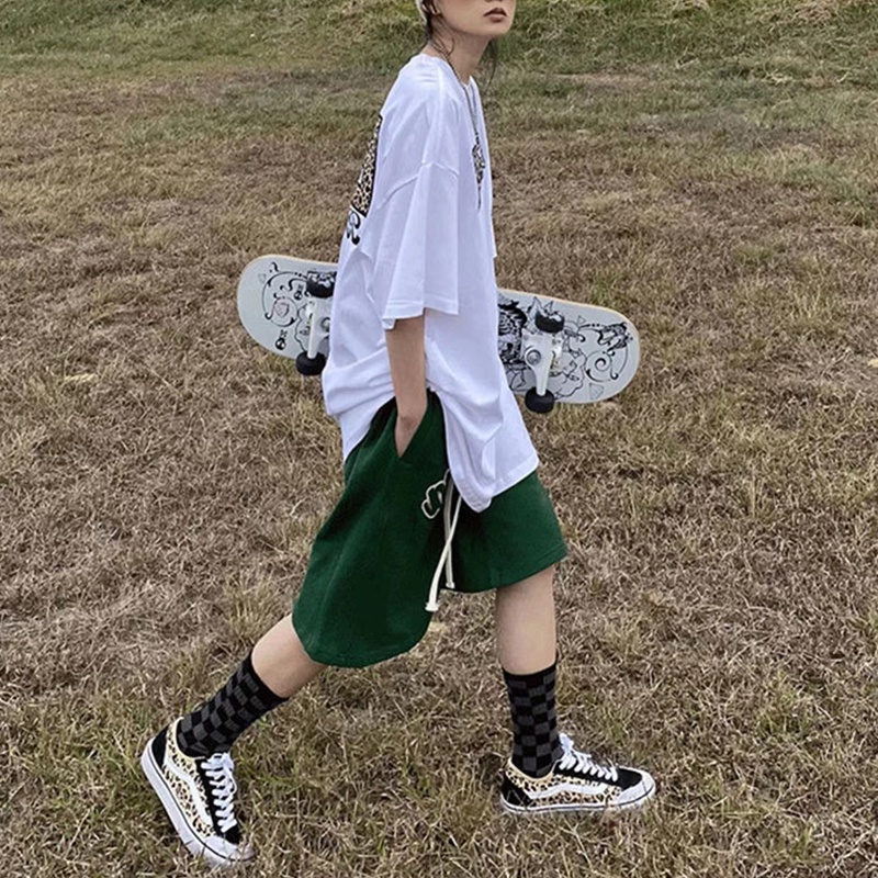 Quần Short Lưng Cao Ống Rộng Dây Rút In Họa Tiết retro Mỹ 3 Màu Sắc Cho Nữ