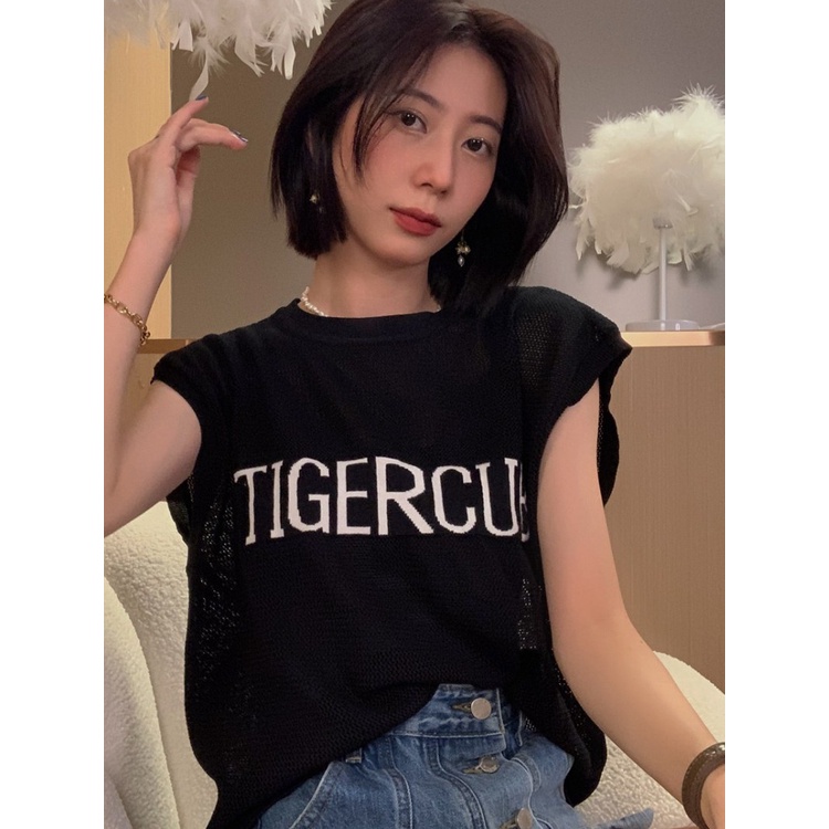 Áo thun SUXI dệt kim mỏng tay ngắn cổ tròn in chữ phong cách Hàn Quốc cho nữ