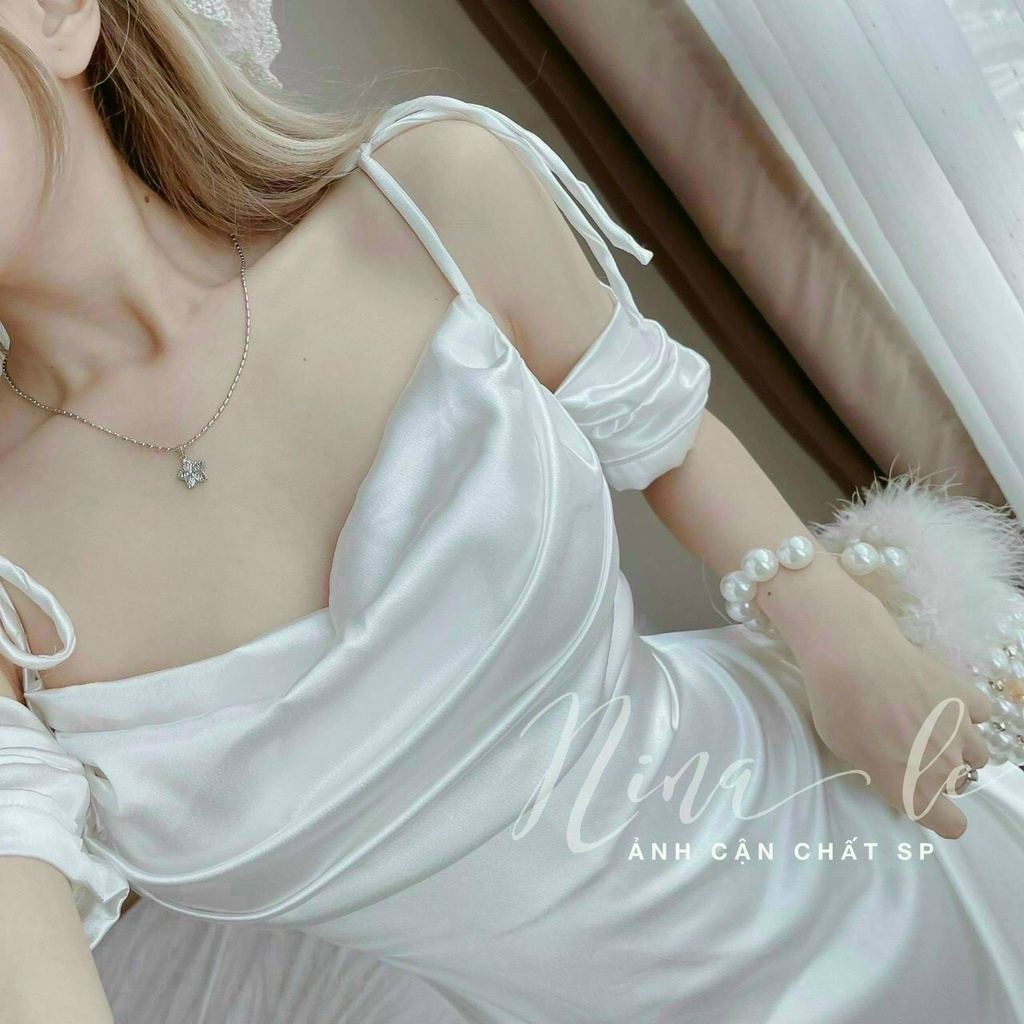 [8.8 Sales Freeship]  đầm lụa trễ vai dây nhún ngực xếp ly, đầm cổ đổ rớt vai dáng dài đi tiệc quyến rũ