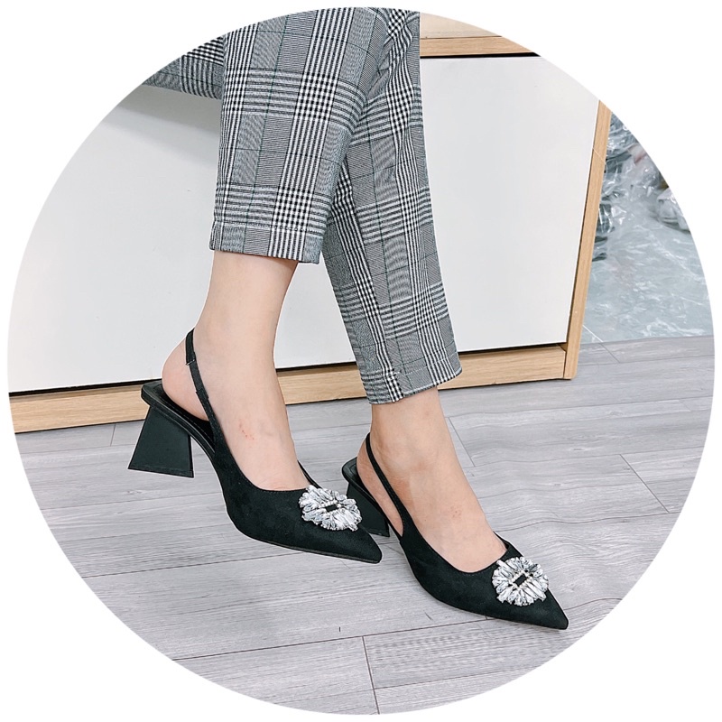 ❤️SALE GIÁ GỐC❤️ Giày cao gót da lộn tag Bầu đá trắng gót tam giá 7p sang chảnh-Ảnh chụp thật