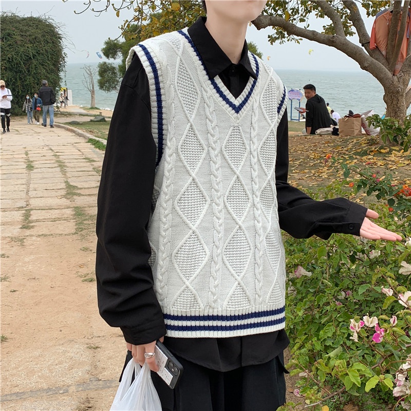 Áo sweater không tay cổ chữ V dáng rộng phong cách mùa thu cho nam