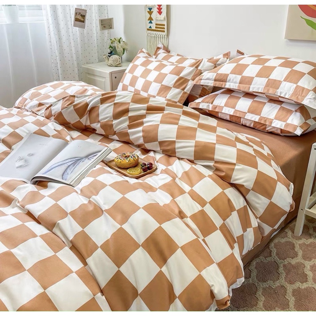 Bộ chăn ga gối Cotton Poly Vanda nhập khẩu họa tiết kẻ Miễn Phí bo chun drap giường