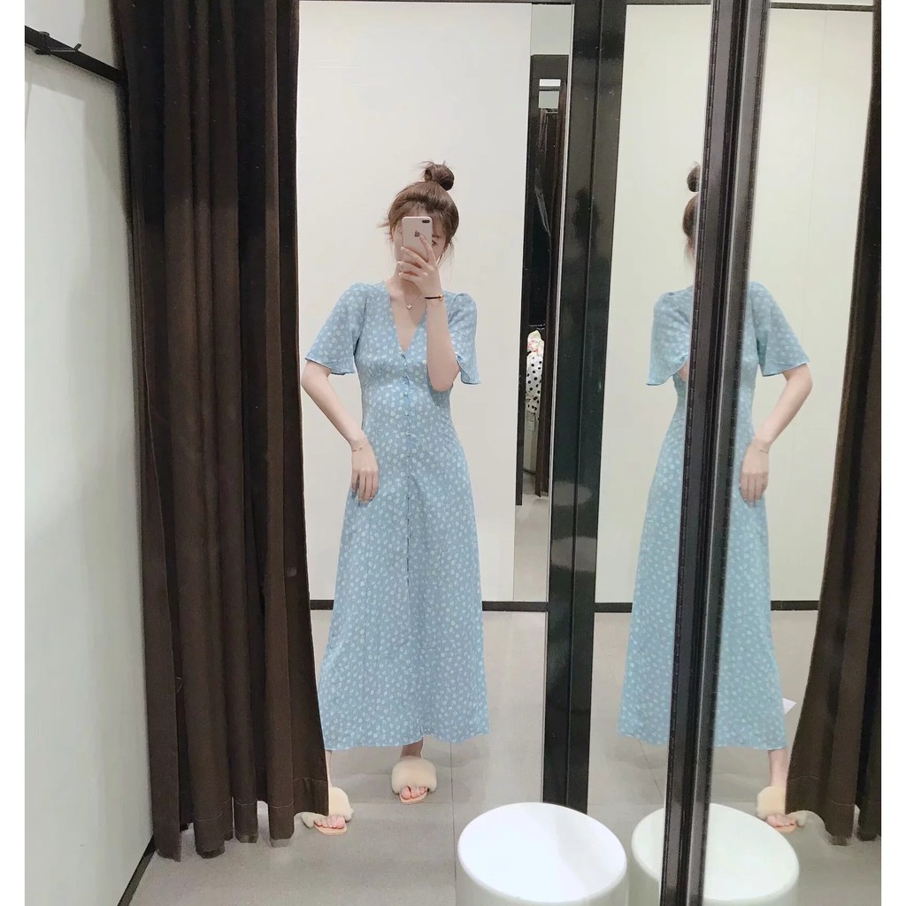 PINKYLA - Đầm dài MIDI xanh hoa nhí trắng xanh SIZE LỚN BIGSIZE