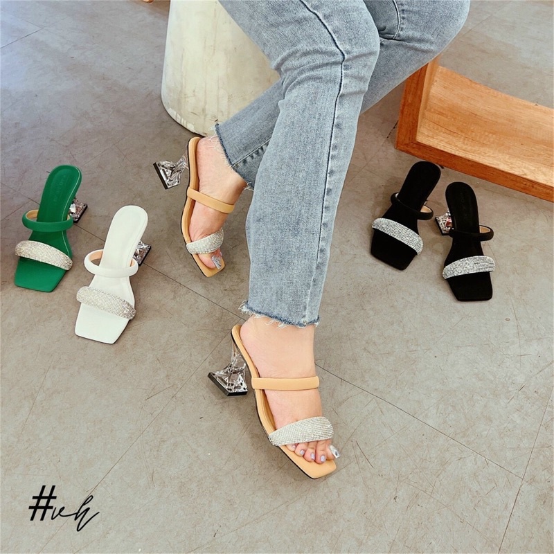 GUỐC NỮ QUAI PHỐI XOÀN ĐÁ GÓT THUỶ TINH 7CM TRENDY 2022
