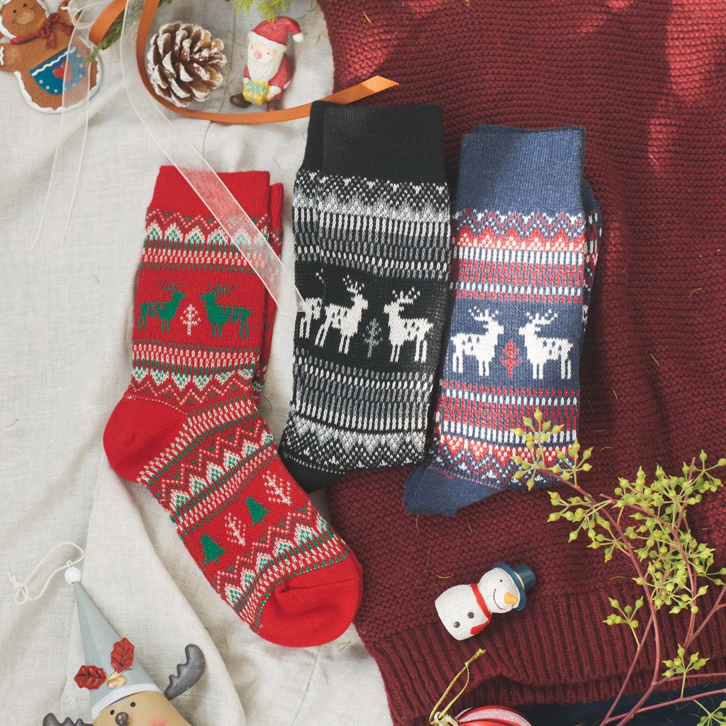 RUDOLF JACQUARD SOCKS - Tất vớ cao cổ nam nữ dệt hình tuần lộc, họa tiết Noel Christmas, chất dày dặn nhập khẩu Hàn Quốc