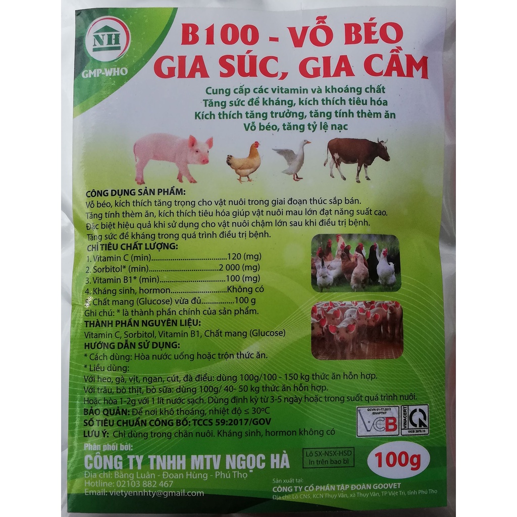 1 gói 100g B100 Dùng vỗ béo cho gia súc, gia cầm của công ty Ngọc Hà