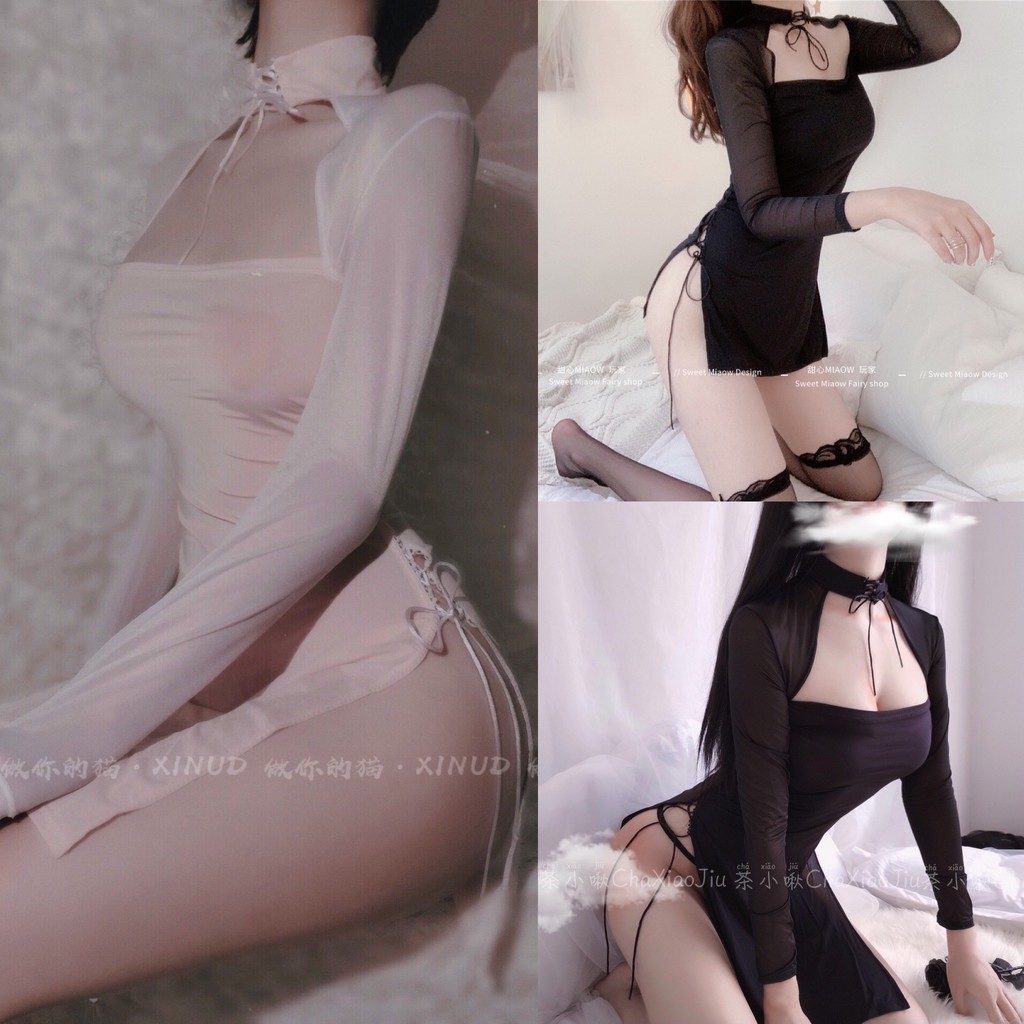 Váy ngủ sườn xám 💝 Free ship 💝 dài tay xẻ đùi sexy