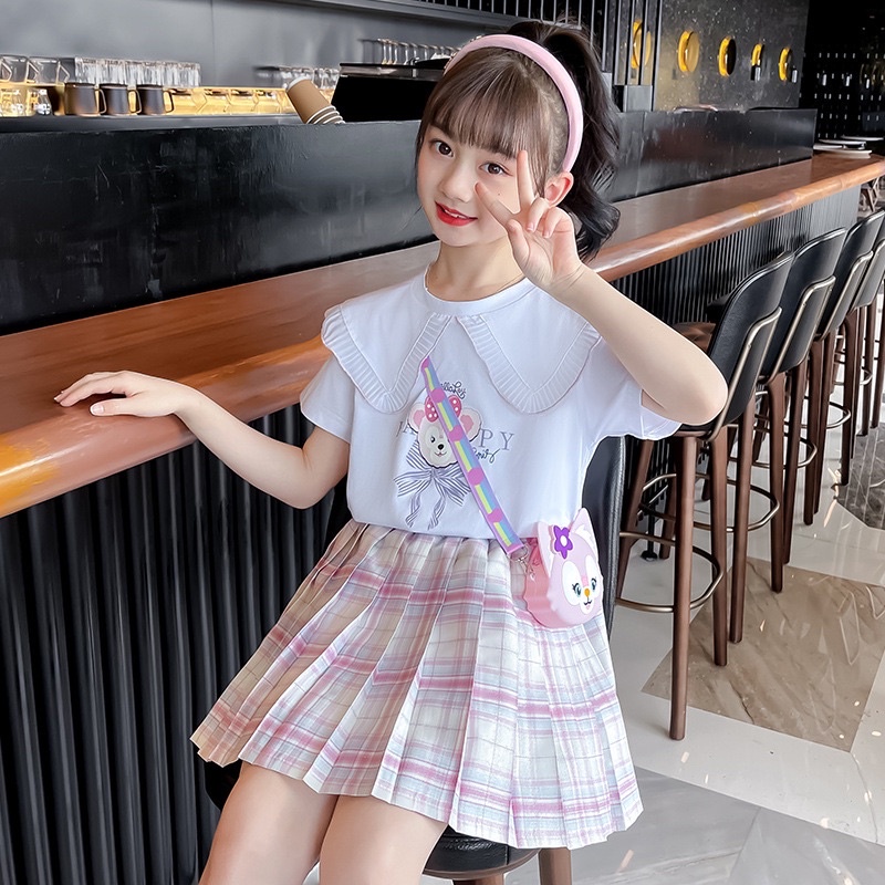 Bộ váy áo mùa hè bé gái cỡ lớn áo phông ngắn tay chân váy caro M2260