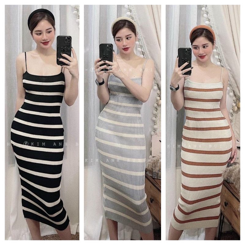 Váy 2 dây len kẻ ôm body hàng QC