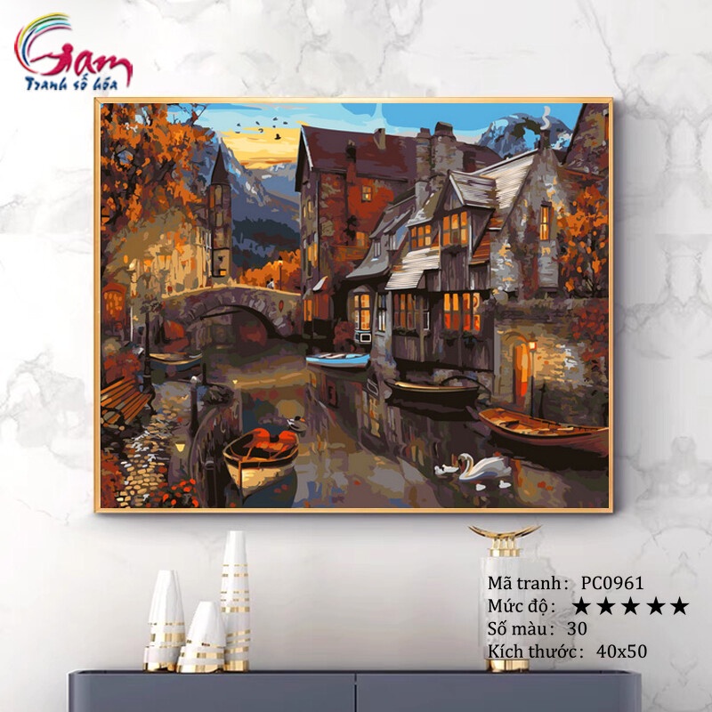 Tranh tự vẽ tự tô màu theo số sơn dầu số hóa Gam phố cổ Venice mùa thu hoàng hôn PC0961