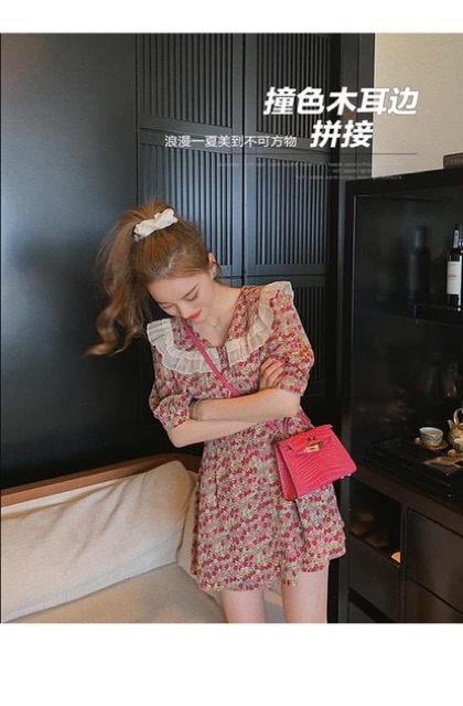 Váy Hoa Nhí Cổ Bèo Dáng Xòe Nhẹ Tiểu Thư , Đầm Tiểu Thư Hoa Nhí Siêu Xinh