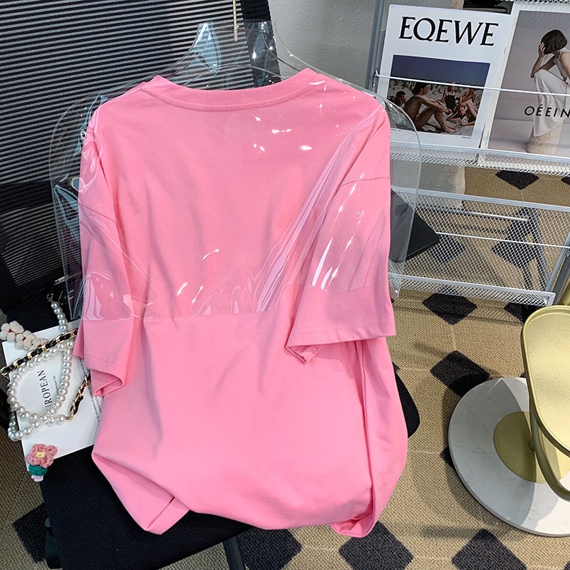 Áo Thun Cotton Dáng Rộng Tay Ngắn Đính Nơ Màu Hồng Dễ Thương Cho Nữ  tao bao