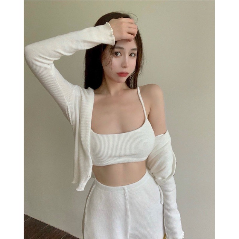 [Có ảnh thật] Set áo croptop 2 dây+áo khoác cardigan+ quần trắng thanh lịch sang chảnh (có tách lẻ)SAM SAM BOUTIQUE