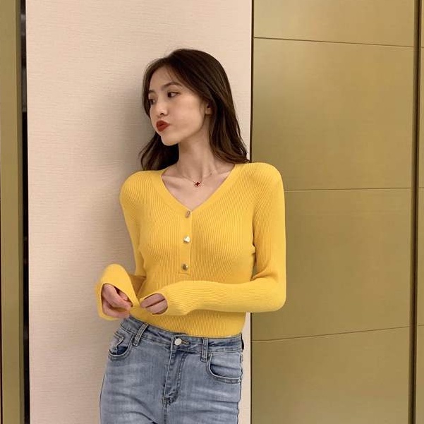 Áo Dệt Kim Nữ Tay Dài Cổ Chữ V Màu Sắc Thanh Lịch