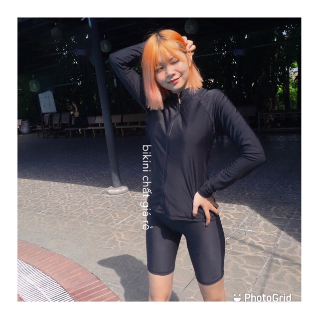 Đồ bơi nữ 2 mảnh tay dài quần lửng kín đáo đi biển đi bơi bikini thun lạnh dây kéo che khuyết điểm | DBN006