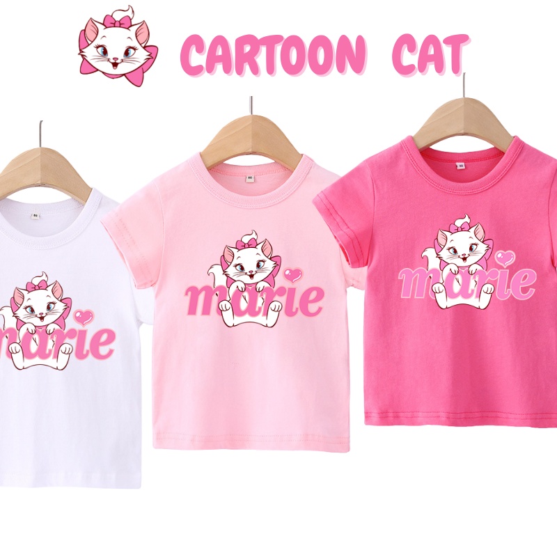 Áo Thun Cotton Thoáng Khí In Họa Tiết Mèo Dễ Thương Thời Trang Cho Bé Gái