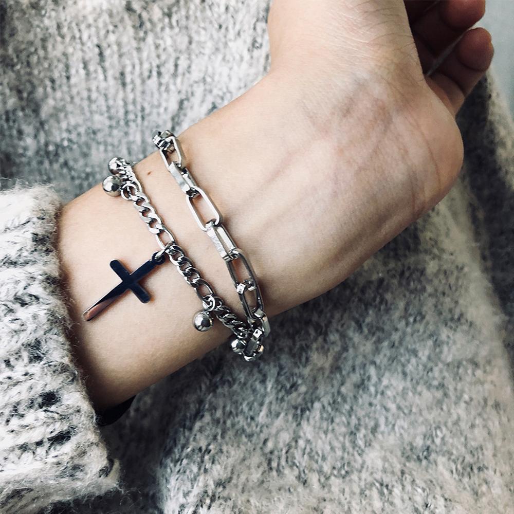 Vòng Tay Chuỗi Hạt Hai Lớp Phối Mặt Hình Trái Tim/ Thánh Giá Phong Cách Gothic Thời Trang Cho Nữ