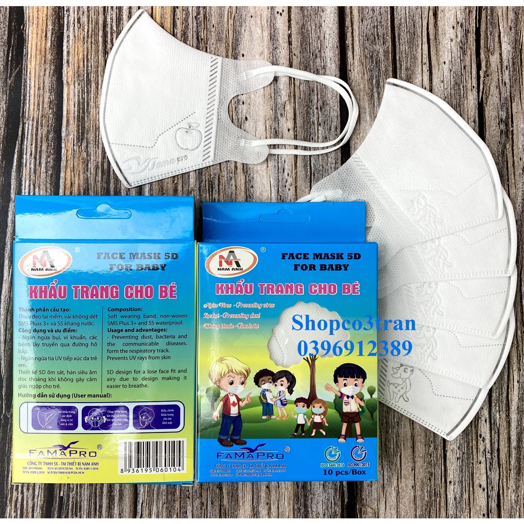 Khẩu trang FAMAPRO 5D BABY MÀU TRƠN 3 lớp kháng khuẩn hộp 10 cái màu Trắng / Xanh / Hồng