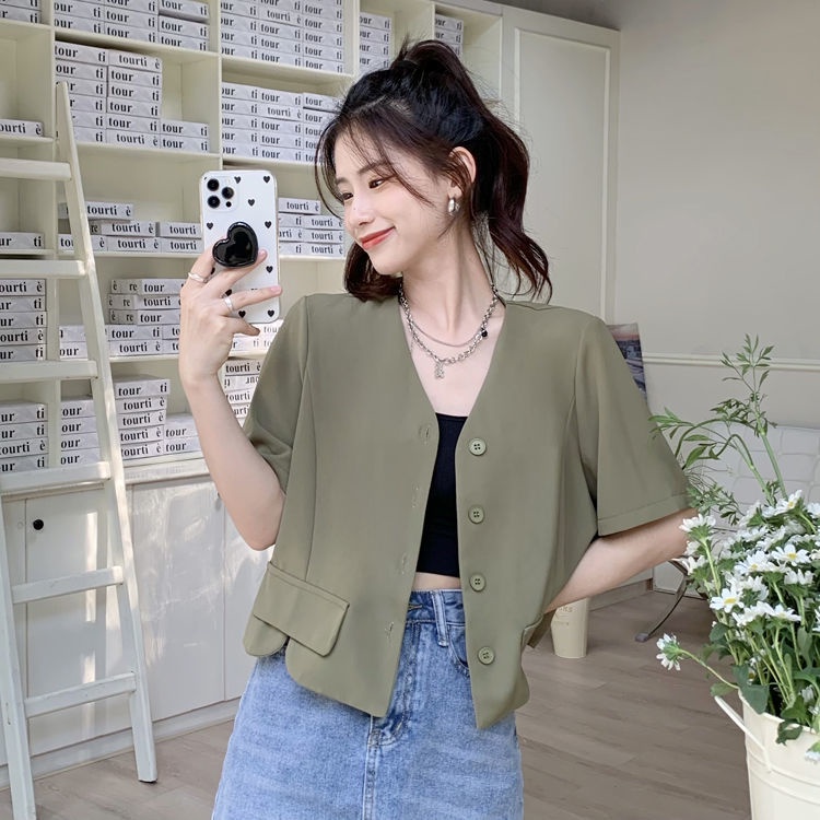 Áo Khoác blazer Tay Ngắn Cổ Chữ V Màu Trơn Phong Cách Hàn Quốc Thời Trang Cho Nữ