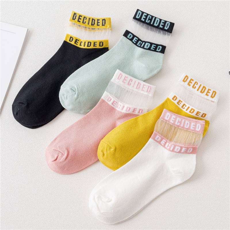 Vớ vải tuyn lưới trong suốt 100 vải cotton Nhật Bản dành cho nữ in chữ
