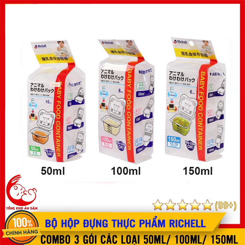 COMBO 3 Bộ Hộp Đựng Thực Phẩm Ăn Dặm Richell Nhật Bản Loại 50ml/ 100ml/ 150ml