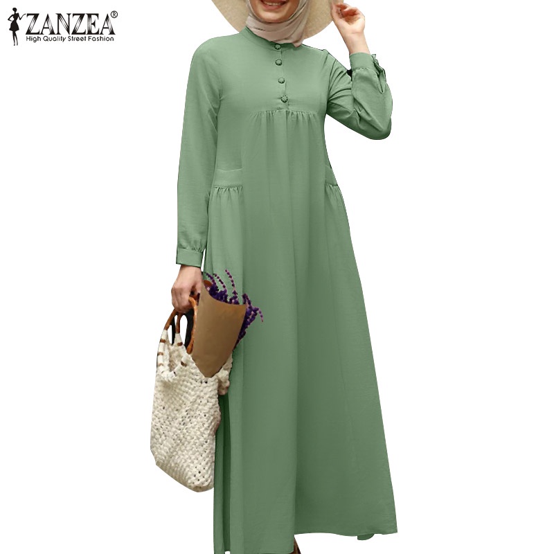 Zanzea Đầm Maxi Tay Dài Có Túi Phong Cách Hồi Giáo