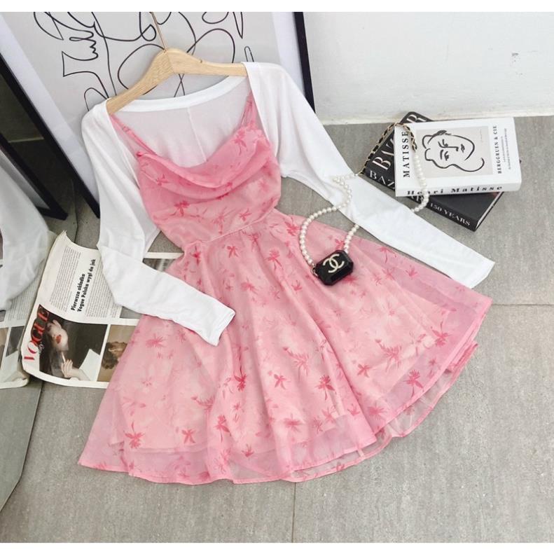 Set đầm hoa hồng 2 dây cổ đổ khoét lưng kèm áo khoác trắng