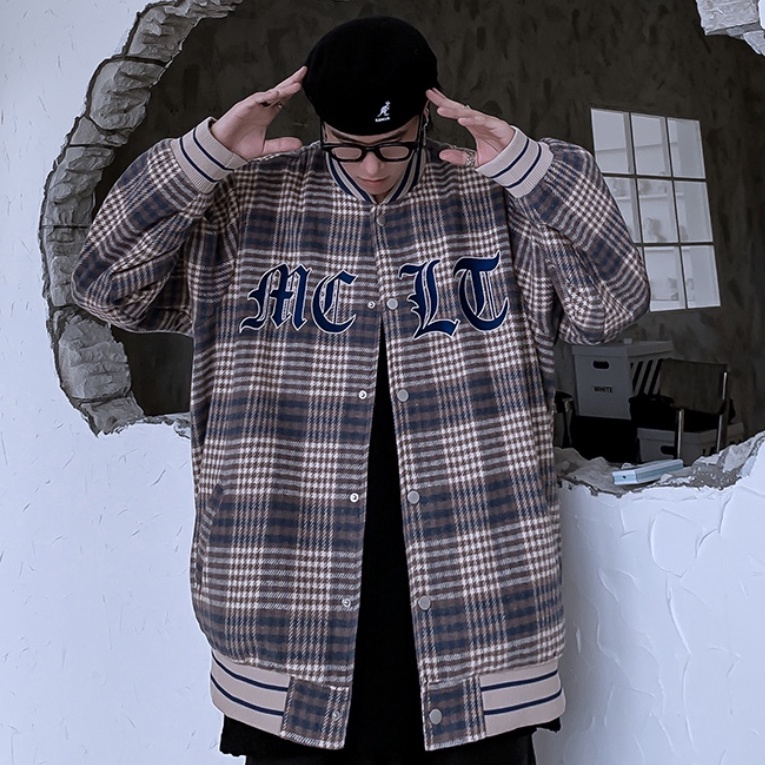 Áo khoác bóng chày kẻ sọc thời trang ca rô thêu chữ dành cho cặp đôi thời trang phong cách hàn quốc áo khoác nam lỏng lẻo giản dị retro