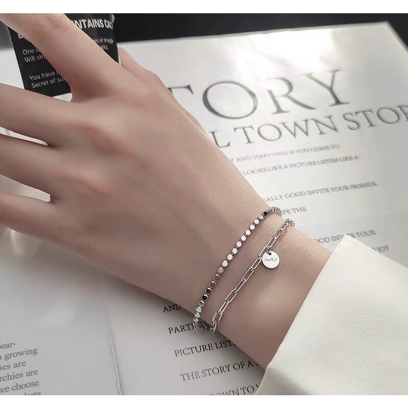 Lắc tau dải tròn dây kép mắt xích cá tính bạc thật phủ vàng trắng