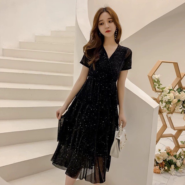 {Order bigsize,L-4xl}Váy cổ đáp chéo co dãn xoè tầng | BigBuy360 - bigbuy360.vn