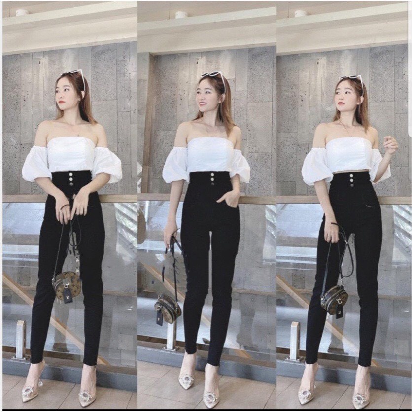 Quần Skinny bò 3 khuy nữ lưng cao có bigsize chị em béo mập vải bò kaki co giãn