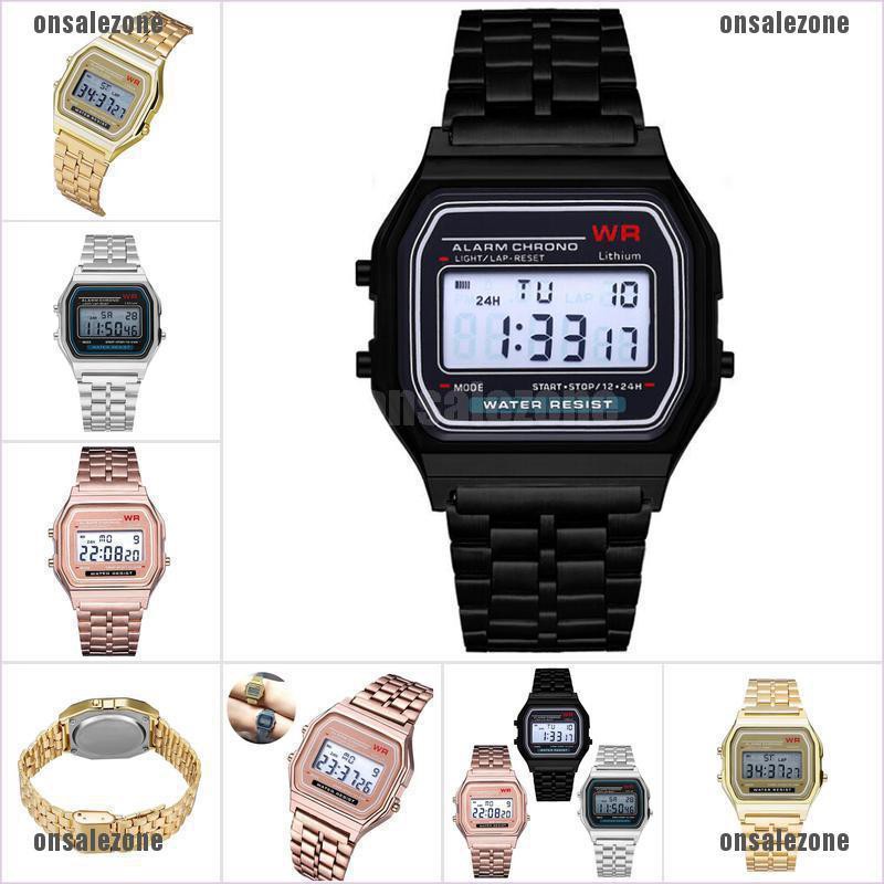 {onsalezone} Elegant Mens Womens Retro Stainless Steel LCD Digital Sports Stopwatch Watch adover