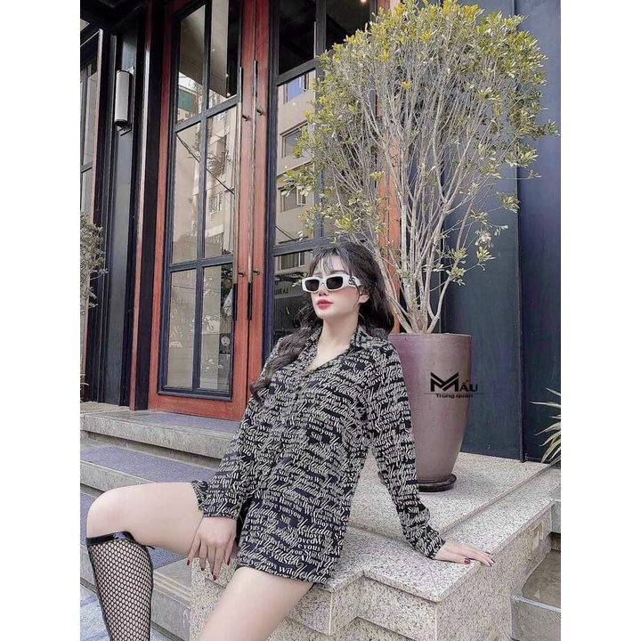 Áo sơ mi nữ tay dài in chữ trắng đen phong cách Hàn Quốc - 722